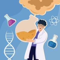 Man in white coat hugging the laboratory bottle illustration graphic design . scientist working in laboratory with a poison at cartoon concept with background in flat style vector