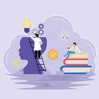 Knowledge or education illustration template graphic design. intelligence mind experience tiny person learning cartoon concept idea with background in flat style vector