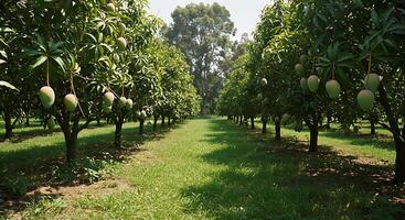 Mango Orchard Landscape with Green Grass and Trees Under Clear Daytime Sky photo