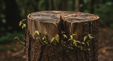 Tree Stump with New Growth of Green Plants in Nature photo