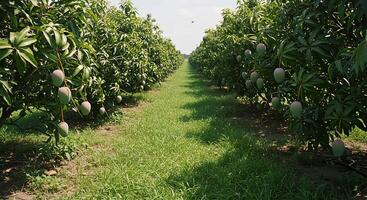 Mango Orchard Rows with Green Fruit Growing on Trees Under a Bright Sky photo