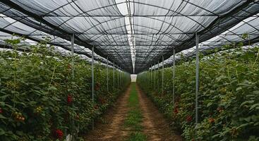 Greenhouse Rows of Crop Plants with Overhead Shade Structure and Clear Dirt Path photo