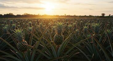Pineapple Field at Sunset with Golden Light and Lush Plants Providing a Peaceful Scene photo