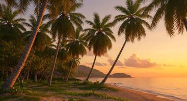 Tropical Beach Scene with Palm Trees at Sunset with Golden Sky and Calm Ocean photo