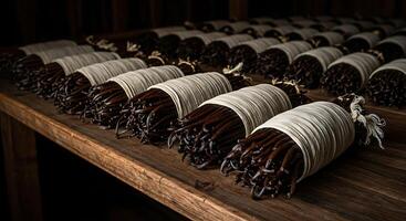 Bundles of Dried Vanilla Beans Arranged on a Rustic Wooden Shelf in Dimly Lit Room photo