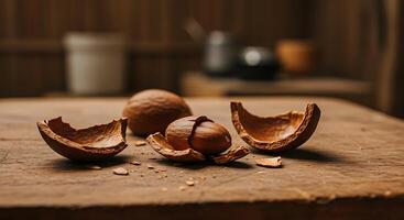 Nuts and Cracked Shells on Rustic Wooden Surface Close Up View photo