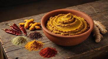 Arrangement of Spices and Paste in Rustic Setting for Cooking and Flavoring Food photo