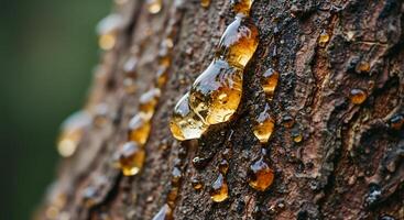 Close Up Shot of Tree Resin Dripping Down a Bark for Natural Background photo