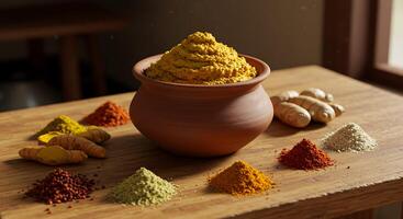 Assortment of Spices Displayed on Wooden Table with Clay Pot and Ingredients photo