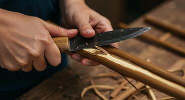 Person Using Knife to Carve Wood with Precision for Crafting and Woodworking photo