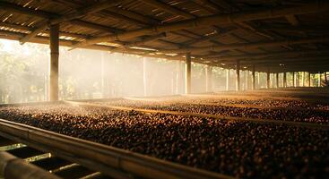 Coffee Beans Drying on Bamboo Racks in Sunlight with Rustic Wooden Structure photo