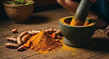 Grinding Turmeric in a Mortar with Pestle on Wooden Surface for Herbal Remedies photo