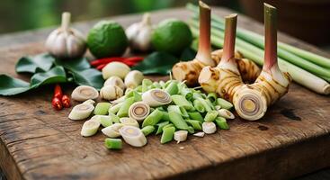 Fresh Herbs and Spices on Wooden Surface for Cooking and Culinary Preparation photo