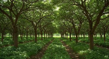Lush Green Trees Lining a Dirt Path Leading Through a Forest Landscape photo