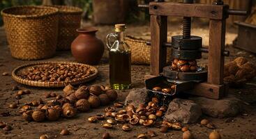 Traditional Oil Extraction Process Nuts Being Pressed in Wooden Equipment with Bottles photo