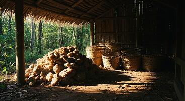 Inside a Rustic Wooden Shelter with Pile of Material and Woven Baskets photo
