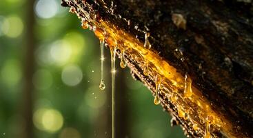 Sap Flowing Down Tree Branch Close Up in Natural Forest photo