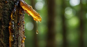 Tree Resin Dripping Down Bark Natural Forest Background Detailed Close-up photo