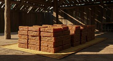 Stacks of Brown Rectangular Food Items on a Woven Mat Inside a Wooden Structure photo