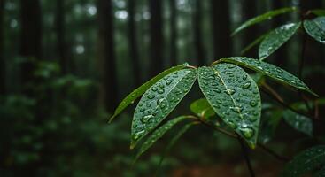 Close Up of Wet Green Leaves in a Forest with Rain Drops and Bokeh Background photo