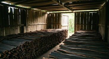 Wooden Shed Filled with Stacked Bark Strips Showing Processed Wood Production photo