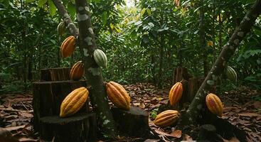 Ripe Cocoa Pods on Tree Trunks in a Lush Forest Setting for Food and Agriculture photo