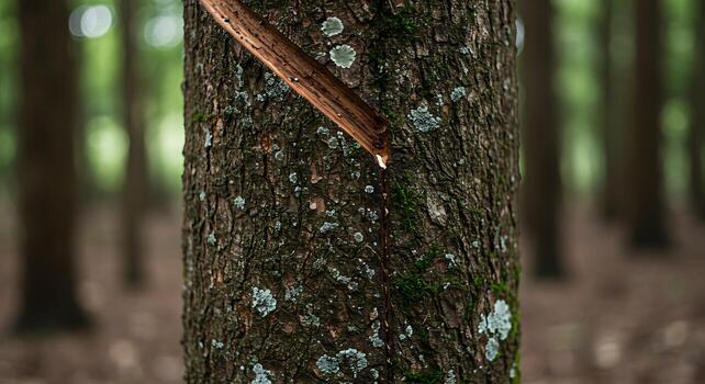 Tree Trunk with Sap Dripping in a Forest Environment Blurred Background photo