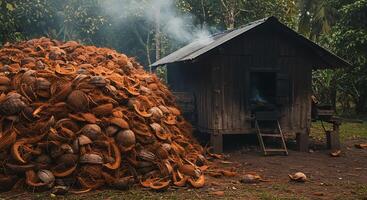 Pile of Coconut Husks Next to a Small Wooden Structure with Smoke in a Nature Scene photo