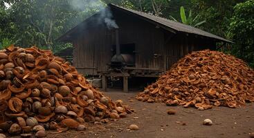 Coconut Husk Piles with a Rustic Building and Smoke in a Rural Setting photo