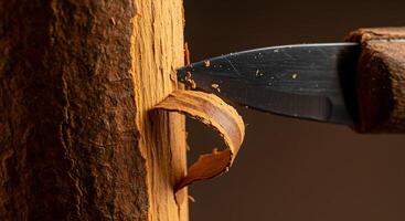 Wood Carving with Knife Close-up Showing Shavings and the Blade photo