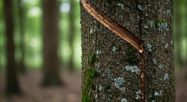 Tree with Cut Showing Sap Flow in a Lush Green Forest Background photo