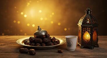 Dates with Lantern and Beverage on Wooden Table with Bokeh Background photo