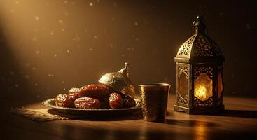 Dates and Lantern on a Table in Soft Light for Celebration or Festive Use photo