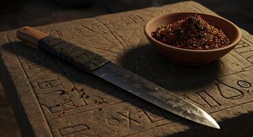 Knife and Spices on Ancient Stone Surface with Carved Symbols photo