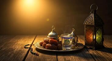 Dates and Drinks Displayed on a Wooden Table with Decorative Lantern photo