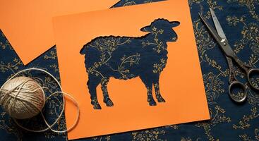 Sheep Silhouette Cutout on Orange Paper with Scissors and String for Crafts photo