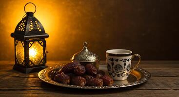 Dates and Coffee on a Silver Tray with Lantern and Decorative Elements photo