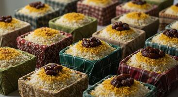 Plated Rice with Garnish and Dates Arranged for Catering, Presentation photo