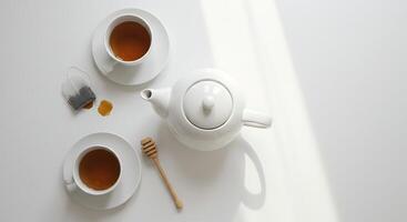 Preparing Tea with Teapot and Honey Dipper on Clean White Surface photo