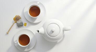 Preparing Tea with Honey Two Cups and Pot Minimalist Style photo
