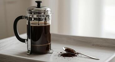 Making Coffee with French Press and Spoon of Grounds photo