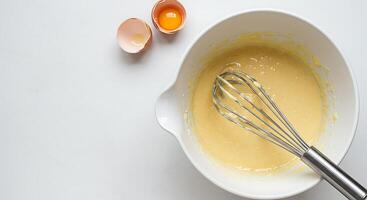 Mixing Batter in Bowl with Eggs, Preparing a Recipe photo