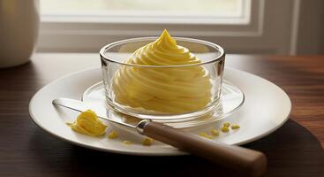 Whipped Butter in Glass Bowl with Spreading Knife on Plate photo