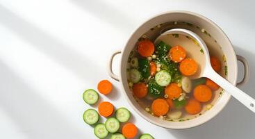 Serving Soup with Carrots and Cucumber Slices in Pot photo