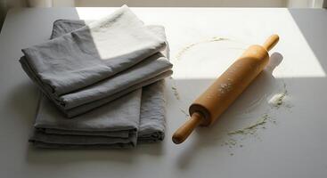 Rolling Pin and Folded Linens on White Surface in Natural Light photo