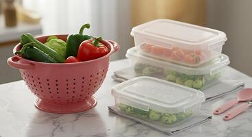 Vegetables in Colander and Food Containers on Counter photo