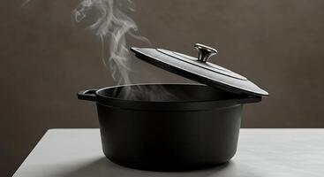 Cooking Pot with Steam Rising, Lid Slightly Open, on Table photo