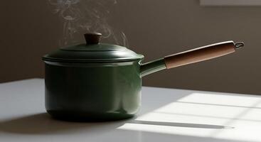 Steaming Green Pot with Lid and Wooden Handle on Table photo