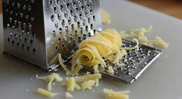 Grating Yellow Cheese with Metal Grater on Board photo