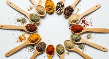 Assorted Spices in Wooden Spoons Arranged in a Circle photo